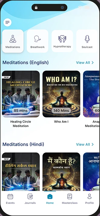 The Soul Lab app home screen, showing guided meditations in English and Hindi